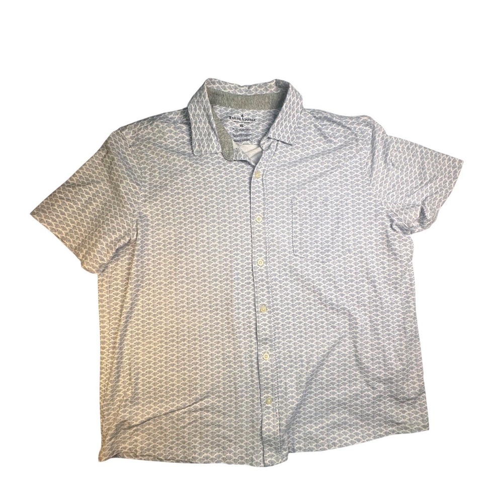 Tailor Vintage Mens XL Blue White Scallop Print‎ Short Sleeve Button Down